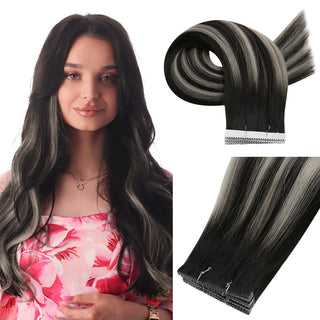 [SALE] Full Shine Flower Injection Tape in Extensions Virgin Human Hair Balayage Highlights (#1B/Silver/1B)-Flower Injection Tape in extension-Full Shine