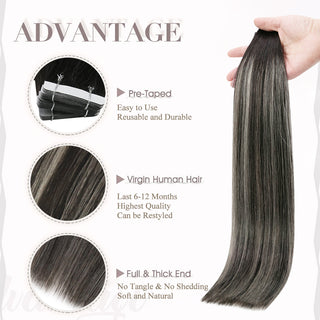 Full Shine Tape in Hair Extensions 100% Virgin Human Hair Balayage Highlights (#1B/Silver/1B)-Virgin Tape In Extension-Full Shine