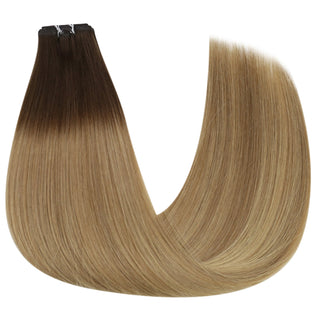 Flat Silk Weft Virgin PU Sew In Human Hair Extensions Balayage(#3/8/22)