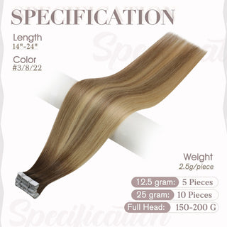 Full Shine Seamless Injection Tape in Extensions Virgin Human Hair Balayage Highlights (#3/8/22)-Seamless Injection Tape in extension-Full Shine