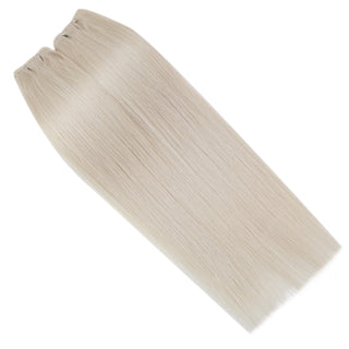 Full Shine 20 inch platinum blonde virgin weft extensions, high quality Brazilian human hair bundles for sew-in and long-lasting wear.