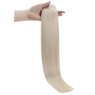 Full Shine 24 inch platinum blonde virgin weft hair extensions, extra long Brazilian human hair bundles, soft and natural finish.