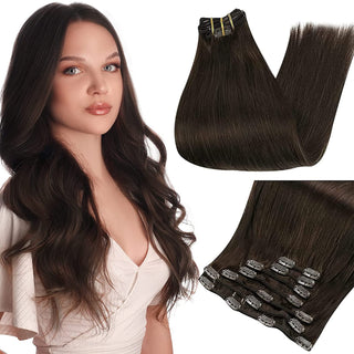 Full Shine Clip in Extensions 100% Remy Human Hair 7 Pieces Darkest Brown (#2)