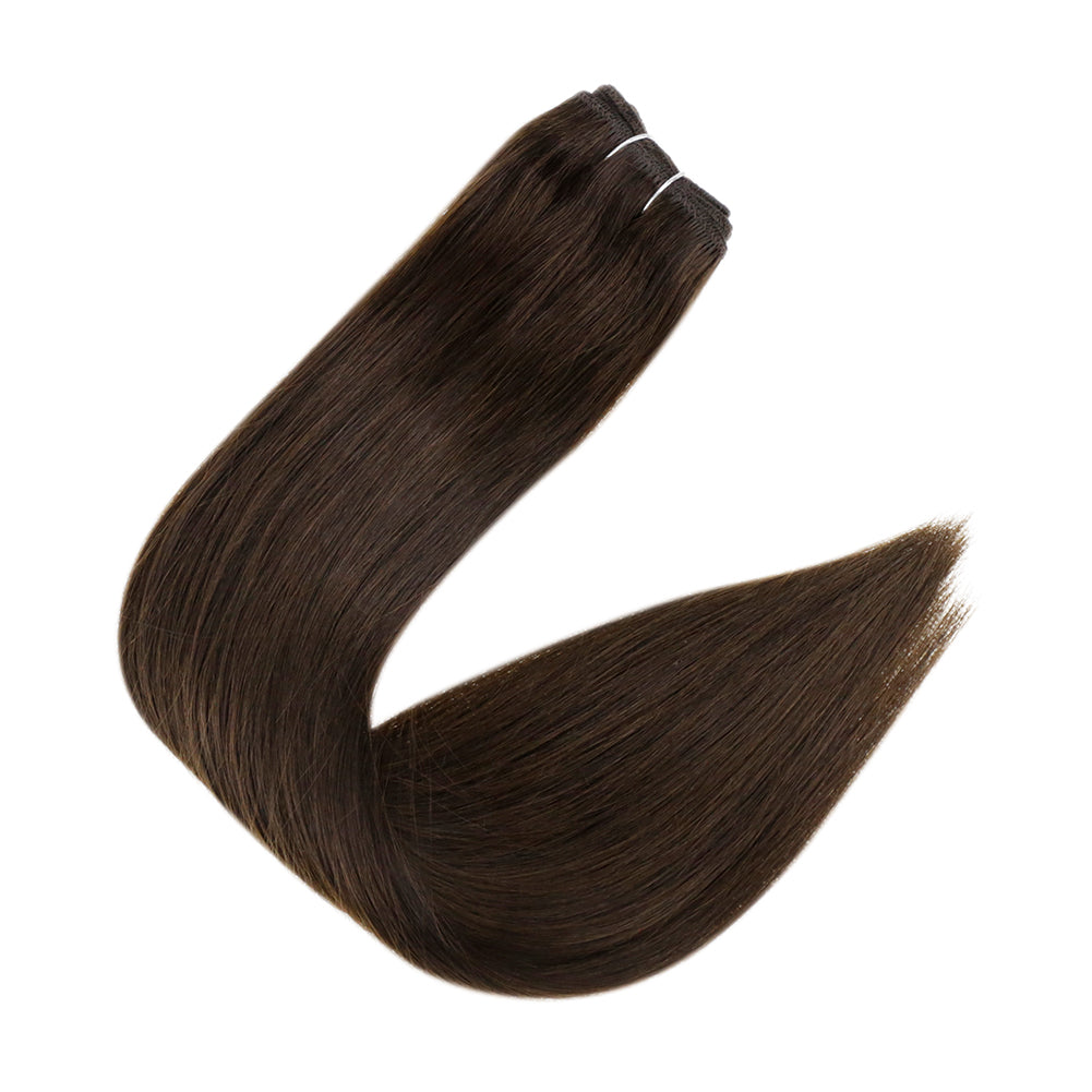 Full Shine chestnut brown human hair extensions with rich brunette depth and subtle warm red brown undertones
