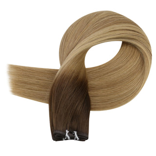 Full Shine Flat Silk Weft Virgin PU Sew In Human Hair Extensions Balayage(#3/8/22)