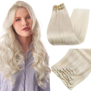Full Shine Clip in Extensions 100% Remy Human Hair 7 Pieces Platinum Blonde (#60)-Clip In Extensions-Full Shine