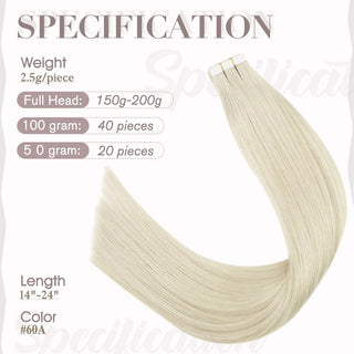 Full Shine Tape in Hair Extensions 100% Virgin Human Hair Ice Blonde (#60A)