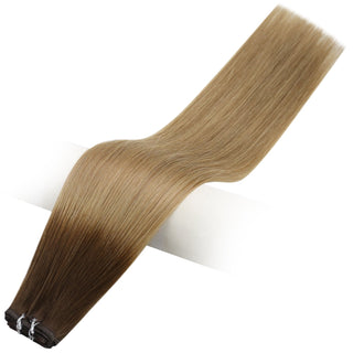 Flat Silk Weft Virgin PU Sew In Human Hair Extensions Balayage(#3/8/22)