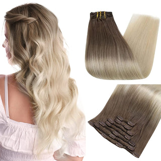 Full Shine Clip in Extensions 100% Remy Human Hair Balayage Ombre (#8/60)-Clip In Extensions-Full Shine