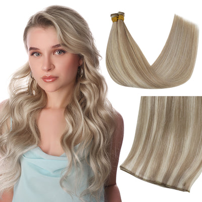 Full Shine Genius Weft Hair Extensions, 100% Virgin Human Hair, Rose Gold Blonde Highlights, Hybrid Weft Hair Extensions, Sew-In Weft Hair, Seamless Weft Hair, Volume Weft Extensions, Silky Soft Hair, Salon Quality Hair Extensions, Natural Look