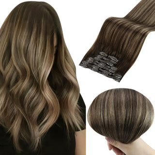 Full Shine PU Seamless Clip in Extensions 100% Remy Human Hair 8 Pieces Balayage Highlights (#2/8/2)-PU clip in extension-Full Shine