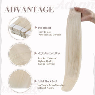 Virgin hair light blonde tape in hair extensions from Full Shine provide seamless length and beautiful blonde tones.