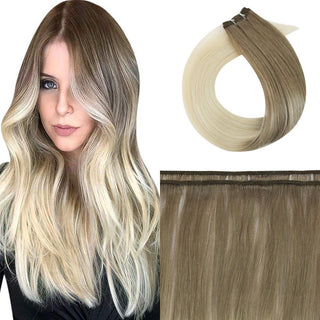 Full Shine ash brown balayage virgin weft hair extensions made of premium Brazilian human hair, soft natural salon-quality sew-in bundles.