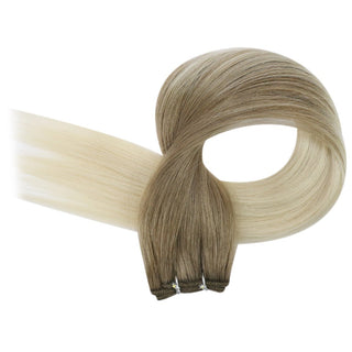 Full Shine ash brown cool tone balayage virgin hair weft extensions, soft Brazilian human hair for elegant salon results.