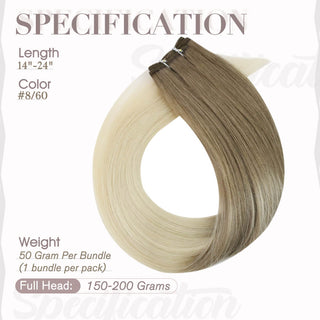 Full Shine Virgin Weft Brazilian 100% Human Hair Sew In Bundles Balayage Ombre (#8/60)-Regular Virgin Hair Weft-Full Shine