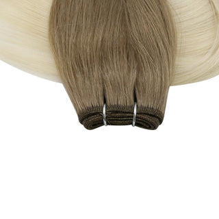 Full Shine balayage ash brown virgin weft hair extensions, silky Brazilian human hair for dimensional salon styling results.