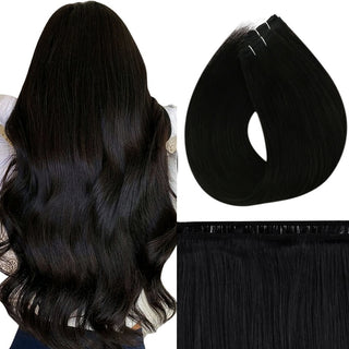 Full Shine black highlight mix virgin hair weft extensions, smooth Brazilian human hair for soft dimensional styling.
