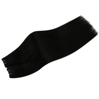Full Shine black natural flow virgin hair weft extensions, smooth Brazilian human hair for elegant salon styling.