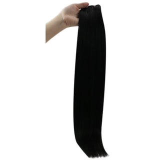 Full Shine black soft wave virgin hair weft extensions, silky Brazilian human hair for natural salon look.
