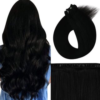 Full Shine black virgin weft hair extensions made of premium Brazilian human hair, soft natural salon-quality sew-in bundles.