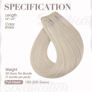 Full Shine blonde virgin weft hair extensions made of premium Brazilian human hair, soft natural salon-quality sew-in bundles.