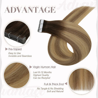 Full Shine brown to blonde balayage injection tape hair extensions featuring a natural color transition and comfortable tape application.