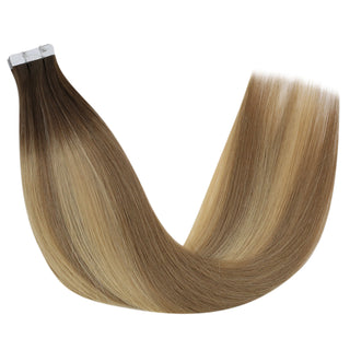 Full Shine brown to blonde balayage injection tape in extensions provide natural blending with soft texture and dimensional color.
