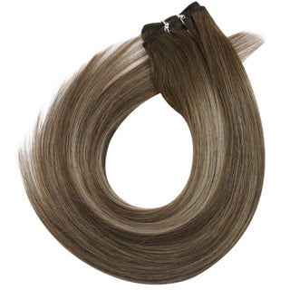 Full Shine brown to caramel balayage virgin hair weft extensions, smooth Brazilian human hair with dimensional color blending.