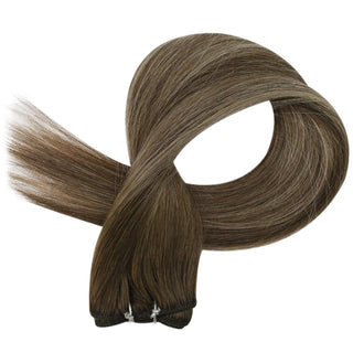 Full Shine chocolate brown balayage virgin weft hair extensions, luxury Brazilian human hair for soft natural salon finish.