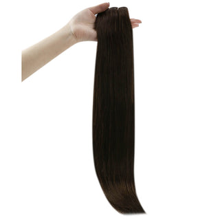 Full Shine chocolate medium brown virgin hair weft extensions, luxury Brazilian human hair for soft and natural salon finish.