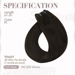 Full Shine dark brown chocolate tone virgin hair weft extensions, dimensional Brazilian human hair for natural salon blending.