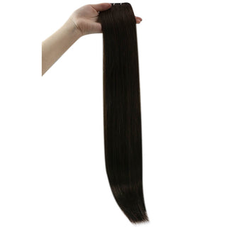 Full Shine dark brown soft wave virgin hair weft extensions, luxury Brazilian human hair for elegant salon finish.
