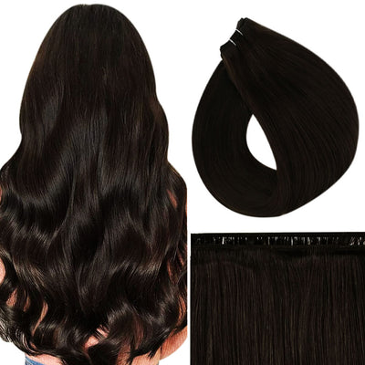 Full Shine dark brown virgin weft hair extensions made of premium Brazilian human hair, soft natural salon-quality sew-in bundles.