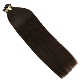 Full Shine 100% Virgin Human Hair I Tip Extensions in Dark Brown #2 provide a soft, silky texture with healthy ends, natural shine, and beautiful movement.