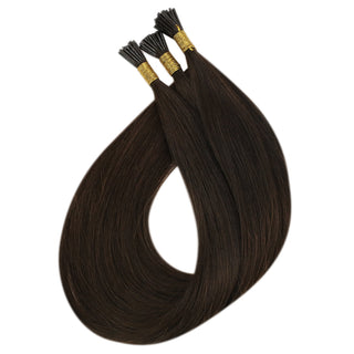 Full Shine I Tip Hair Extensions in Dark Brown #2 instantly add natural length while maintaining lightweight comfort and long-lasting wear.