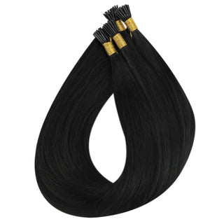 Full Shine Heat-Free I Tip Hair Extensions in Jet Black #1 feature reusable micro bead tips and 100% virgin human hair for a secure, damage-free installation.