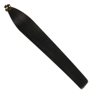 Full Shine Virgin Human Hair I Tip Hair Extensions in Off Black #1B are designed for a seamless blend, soft feel, and reusable micro bead application.