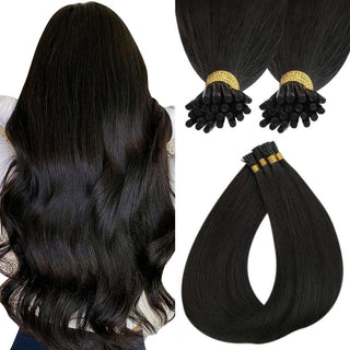 Full Shine I Tip Hair Extensions made from 100% virgin human hair in Off Black #1B, designed for thin hair to add natural-looking length, volume, and a seamless blend.