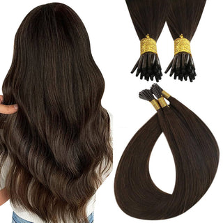 Full Shine I Tip Hair Extensions made from 100% virgin human hair in Dark Brown #2 for a natural blend, soft texture, and salon-quality results.