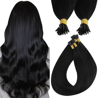 Full Shine I Tip Hair Extensions made from 100% virgin human hair in Jet Black #1 for a natural blend, soft texture, and salon-quality results.
