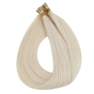 Full Shine Lightweight I Tip Hair Extensions in Bleach Blonde #60 provide all-day comfort, natural shine, and reusable micro bead installation.