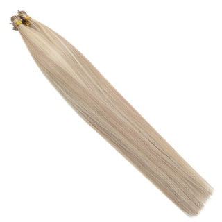 Lightweight virgin human hair I Tip Hair Extensions in Pink Blonde Lowlights provide comfortable all-day wear with a soft silky finish and reusable application.