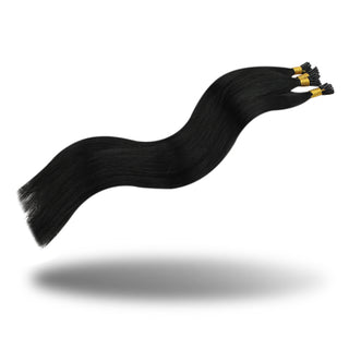 Full Shine Lightweight I Tip Hair Extensions made from virgin human hair in Jet Black #1 provide soft texture, natural shine, and comfortable daily wear.
