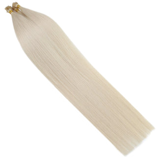 Full Shine Natural I Tip Hair Extensions made from virgin human hair in Bleach Blonde #60 create fuller, longer hair with a flawless blend.