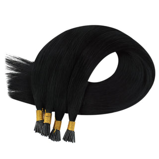 Full Shine I Tip Hair Extensions in Jet Black #1 instantly add natural length while maintaining lightweight comfort and long-lasting wear.