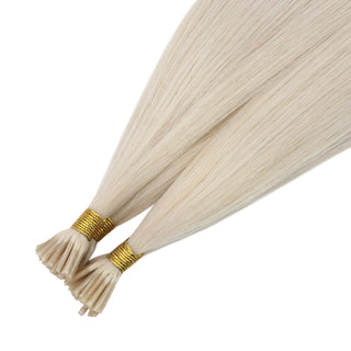 Full Shine Pre Bonded Virgin Human Hair I Tip Extensions in White Blonde #1000 create fuller-looking hair with lightweight comfort and healthy ends.