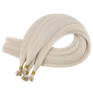 Full Shine Pre Bonded I Tip Extensions in White Blonde #1000 are ideal for thin hair, adding lightweight volume and natural-looking length.