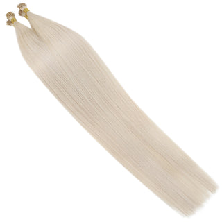 Full Shine Natural Pre Bonded I Tip Hair Extensions in White Blonde #1000 blend seamlessly with your own hair for a flawless finish.