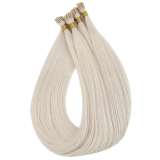 Full Shine Professional Pre Bonded I Tip Hair Extensions in White Blonde #1000 deliver long-lasting beauty, seamless blending, and reusable micro bead installation.