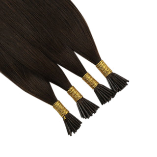Full Shine Premium I Tip Hair Extensions made from 100% virgin human hair in Dark Brown #2 add beautiful length and volume while blending naturally with your own hair.